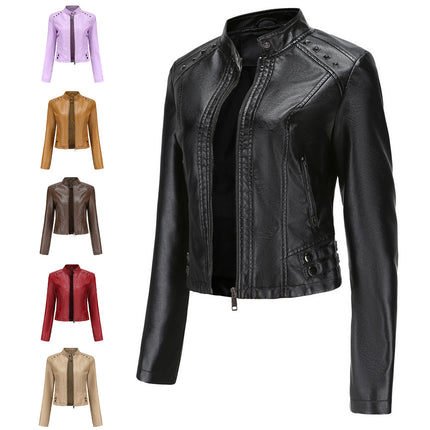 Women's Faux Leather Rivets Motorcycle Jacket PU Slim Short Jacket with Zipper Pocket