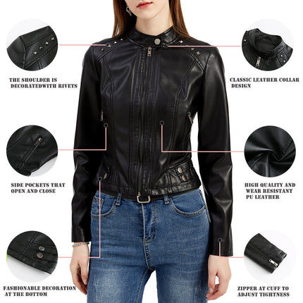 Women's Faux Leather Rivets Motorcycle Jacket PU Slim Short Jacket with Zipper Pocket