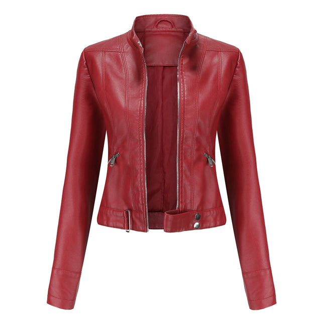 Women's Faux Leather PU Jacket Slim Short Motorcycle Jacket with Zipper Pocket Model A