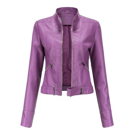 Women's Faux Leather PU Jacket Slim Short Motorcycle Jacket with Zipper Pocket Model A