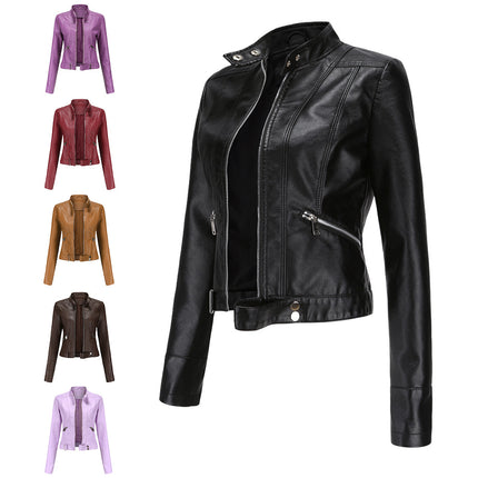 Women's Faux Leather PU Jacket Slim Short Motorcycle Jacket with Zipper Pocket Model A