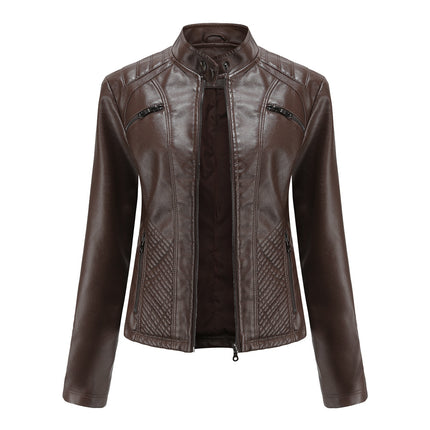 Women's Faux Leather Motorcycle Jacket PU Slim Short Motorcycle Jacket with Zipper Pocket