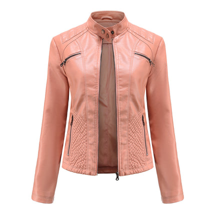 Women's Faux Leather Motorcycle Jacket PU Slim Short Motorcycle Jacket with Zipper Pocket