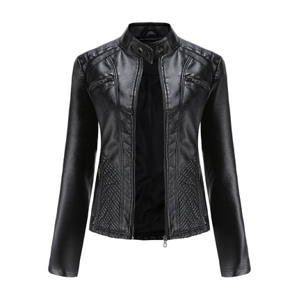 Women's Faux Leather Motorcycle Jacket PU Slim Short Motorcycle Jacket with Zipper Pocket