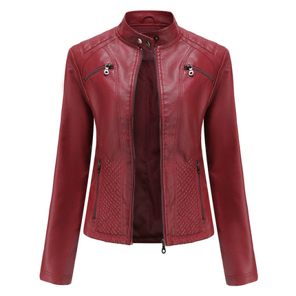 Women's Faux Leather Motorcycle Jacket PU Slim Short Motorcycle Jacket with Zipper Pocket