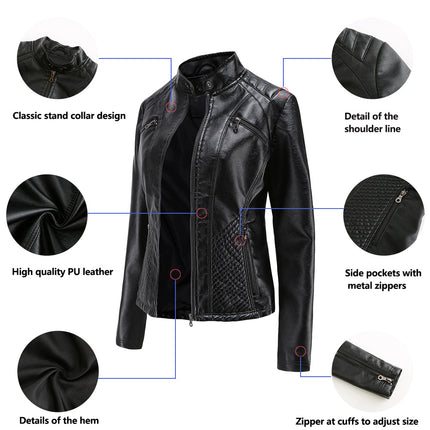 Women's Faux Leather Motorcycle Jacket PU Slim Short Motorcycle Jacket with Zipper Pocket