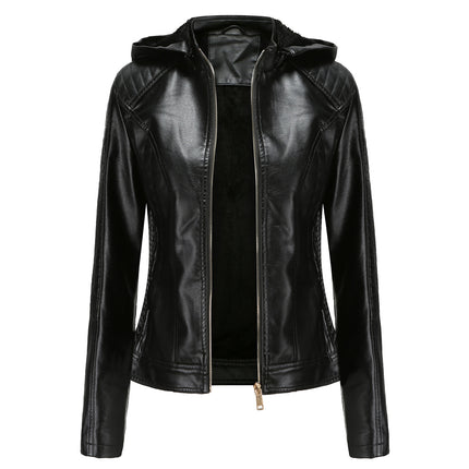 Women's faux leather hooded biker jacket PU Slim short padded zipper motorcycle jacket