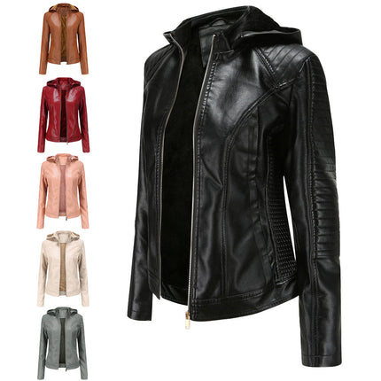 Women's faux leather hooded biker jacket PU Slim short padded zipper motorcycle jacket