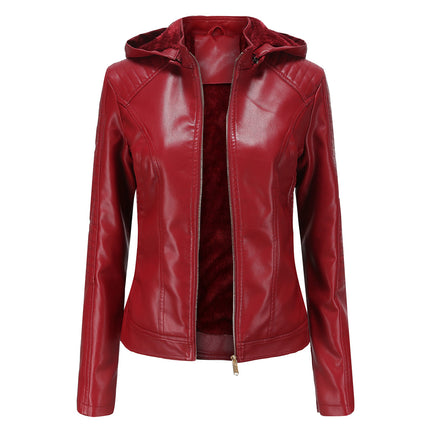 Women's faux leather hooded biker jacket PU Slim short padded zipper motorcycle jacket