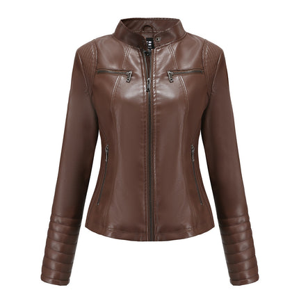 Women's Faux Leather Zipper Motorcycle Short Jacket PU Motorcycle Slim Thin Jacket