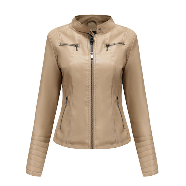 Women's Faux Leather Zipper Motorcycle Short Jacket PU Motorcycle Slim Thin Jacket