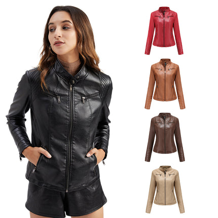 Women's Faux Leather Zipper Motorcycle Short Jacket PU Motorcycle Slim Thin Jacket