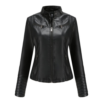 Women's Faux Leather Zipper Motorcycle Short Jacket PU Motorcycle Slim Thin Jacket