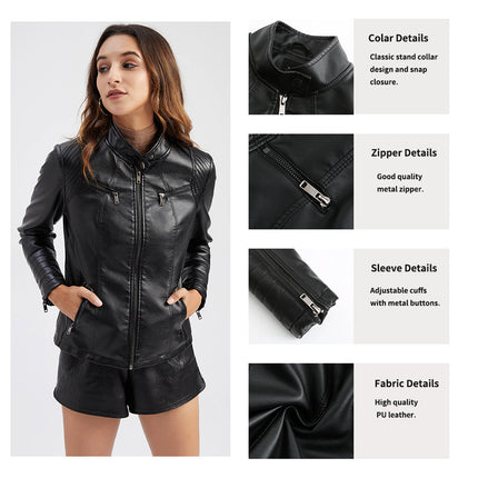 Women's Faux Leather Zipper Motorcycle Short Jacket PU Motorcycle Slim Thin Jacket