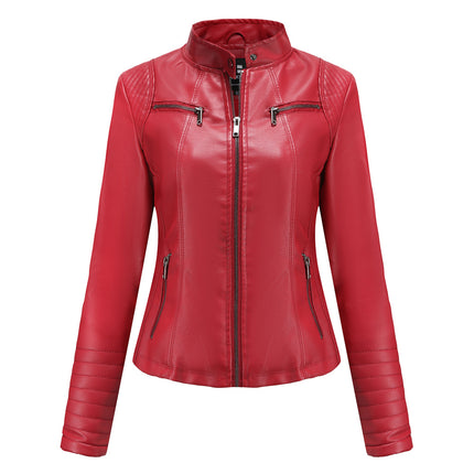 Women's Faux Leather Zipper Motorcycle Short Jacket PU Motorcycle Slim Thin Jacket