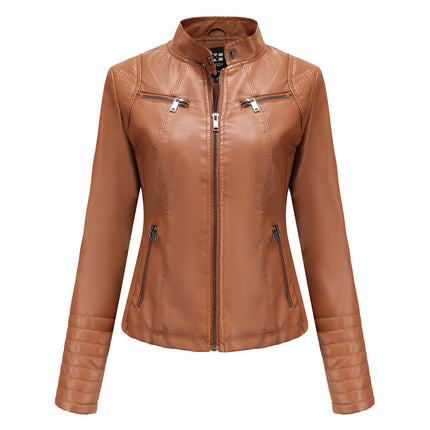 Women's Faux Leather Zipper Motorcycle Short Jacket PU Motorcycle Slim Thin Jacket