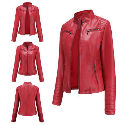 Women's Faux Leather Zipper Motorcycle Short Jacket PU Motorcycle Slim Thin Jacket