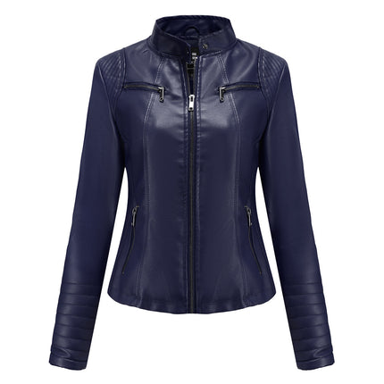 Women's Faux Leather Zipper Motorcycle Short Jacket PU Motorcycle Slim Thin Jacket