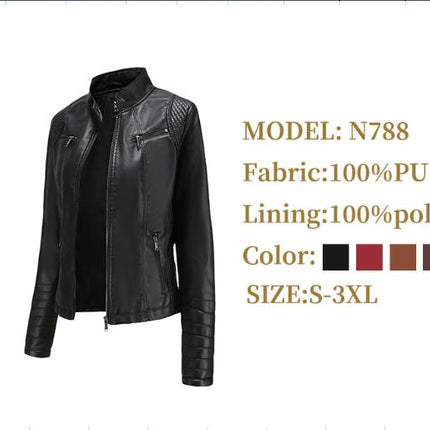 Women's Faux Leather Zipper Motorcycle Short Jacket PU Motorcycle Slim Thin Jacket