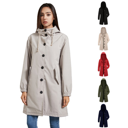 Women's waterproof windbreaker Long single-breasted windbreaker with lapel and hooded coat