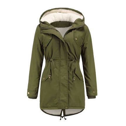 Women's winter thickened coat, warm fleece cotton parka, zipper hooded parka