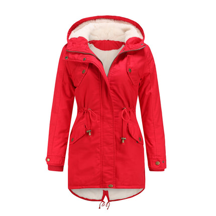 Women's winter thickened coat, warm fleece cotton parka, zipper hooded parka