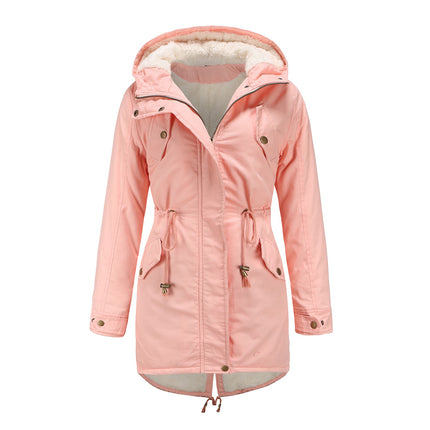 Women's winter thickened coat, warm fleece cotton parka, zipper hooded parka