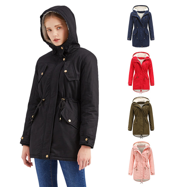 Women's winter thickened coat, warm fleece cotton parka, zipper hooded parka