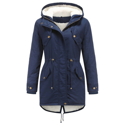 Women's winter thickened coat, warm fleece cotton parka, zipper hooded parka