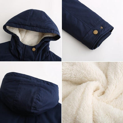 Women's winter thickened coat, warm fleece cotton parka, zipper hooded parka