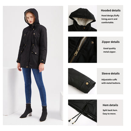 Women's winter thickened coat, warm fleece cotton parka, zipper hooded parka