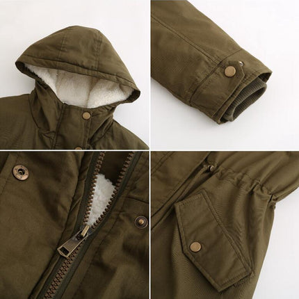 Women's winter thickened coat, warm fleece cotton parka, zipper hooded parka