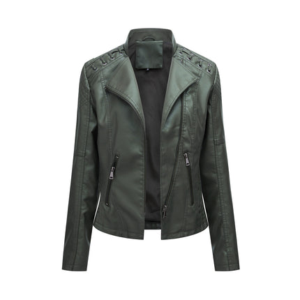 Women's Spring and Autumn Short Faux Leather Jacket with Zipper PU Motorcycle Slim Fit Jacket