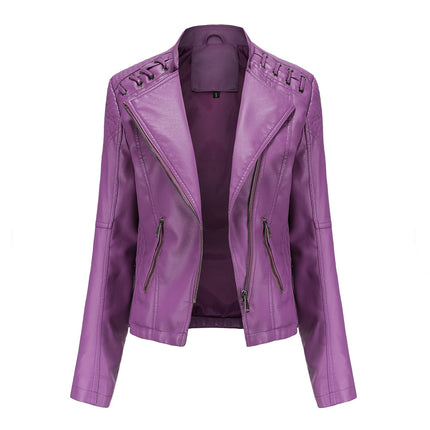 Women's Spring and Autumn Short Faux Leather Jacket with Zipper PU Motorcycle Slim Fit Jacket