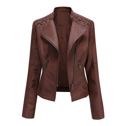 Women's Spring and Autumn Short Faux Leather Jacket with Zipper PU Motorcycle Slim Fit Jacket