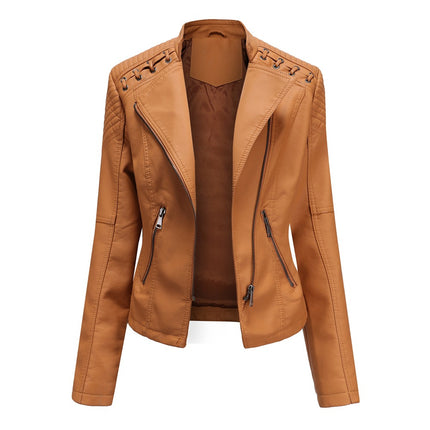 Women's Spring and Autumn Short Faux Leather Jacket with Zipper PU Motorcycle Slim Fit Jacket