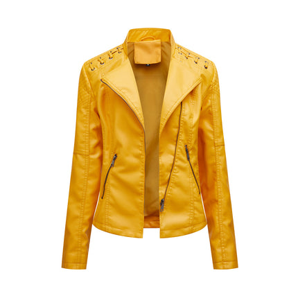 Women's Spring and Autumn Short Faux Leather Jacket with Zipper PU Motorcycle Slim Fit Jacket