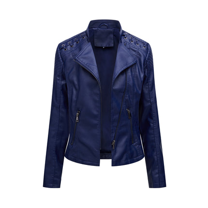 Women's Spring and Autumn Short Faux Leather Jacket with Zipper PU Motorcycle Slim Fit Jacket