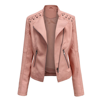 Women's Spring and Autumn Short Faux Leather Jacket with Zipper PU Motorcycle Slim Fit Jacket