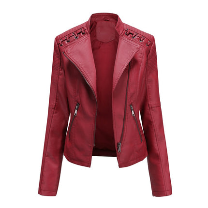 Women's Spring and Autumn Short Faux Leather Jacket with Zipper PU Motorcycle Slim Fit Jacket