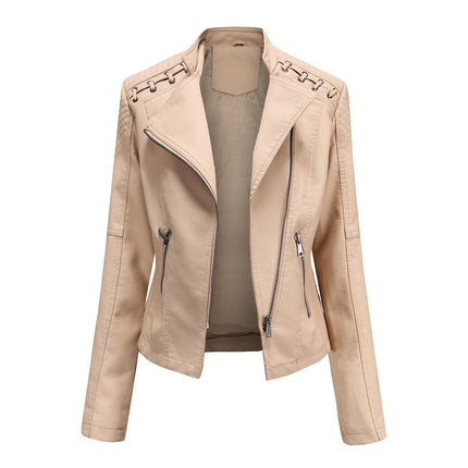 Women's Spring and Autumn Short Faux Leather Jacket with Zipper PU Motorcycle Slim Fit Jacket