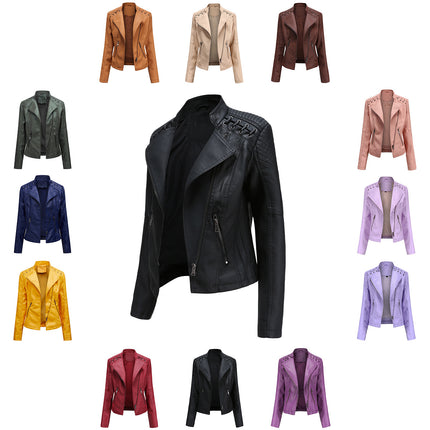 Women's Spring and Autumn Short Faux Leather Jacket with Zipper PU Motorcycle Slim Fit Jacket