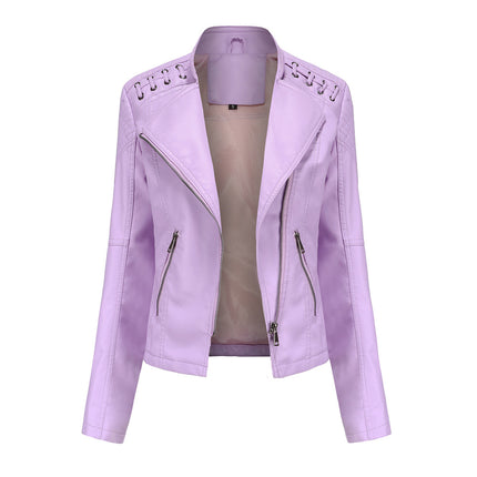 Women's Spring and Autumn Short Faux Leather Jacket with Zipper PU Motorcycle Slim Fit Jacket