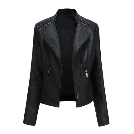 Women's Spring and Autumn Short Faux Leather Jacket with Zipper PU Motorcycle Slim Fit Jacket