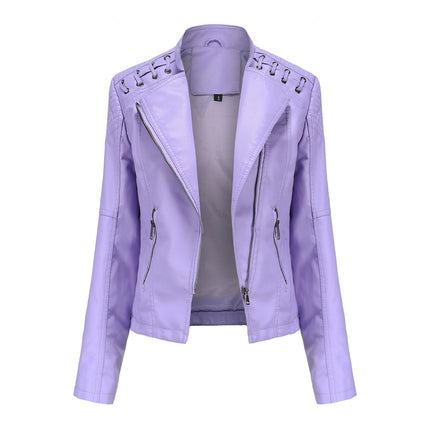 Women's Spring and Autumn Short Faux Leather Jacket with Zipper PU Motorcycle Slim Fit Jacket