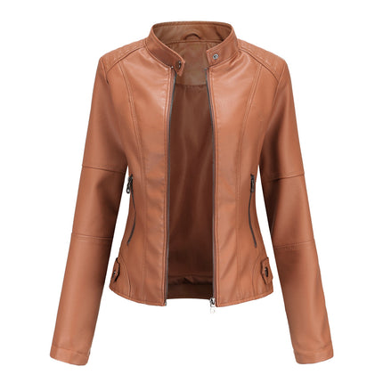 Women's Faux Leather Zipper Jacket,  Motorcycle Stand Collar Short PU Outer Slim Jacket