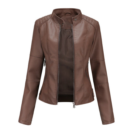 Women's Faux Leather Zipper Jacket,  Motorcycle Stand Collar Short PU Outer Slim Jacket