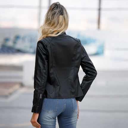 Women's Faux Leather Zipper Jacket,  Motorcycle Stand Collar Short PU Outer Slim Jacket