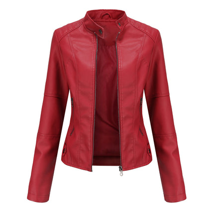 Women's Faux Leather Zipper Jacket,  Motorcycle Stand Collar Short PU Outer Slim Jacket