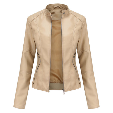 Women's Faux Leather Zipper Jacket,  Motorcycle Stand Collar Short PU Outer Slim Jacket